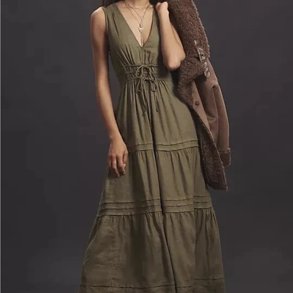 Anthropologie The Somerset Maxi Dress Linen Ties Sleeveless Tiered Green 1X